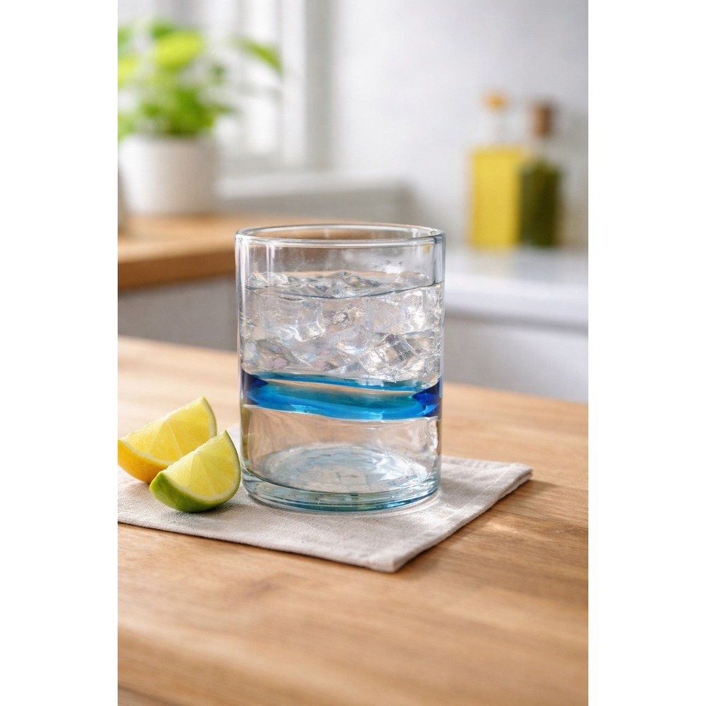 HAND BLOWN MEXICAN TUMBLER Glasses with BLUE Stripes & Bubbles 10oz